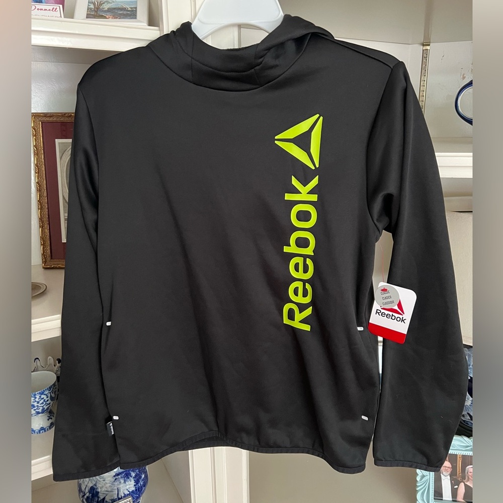 NWT Reebok Black Hoodie with Neon Green Logo